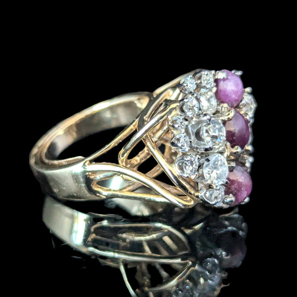 Vintage Old Cut Diamonds Star Rubies 14k Yellow Gold Cocktail Ring Cluster 13.8g