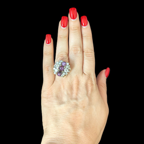 Vintage Old Cut Diamonds Star Rubies 14k Yellow Gold Cocktail Ring Cluster 13.8g