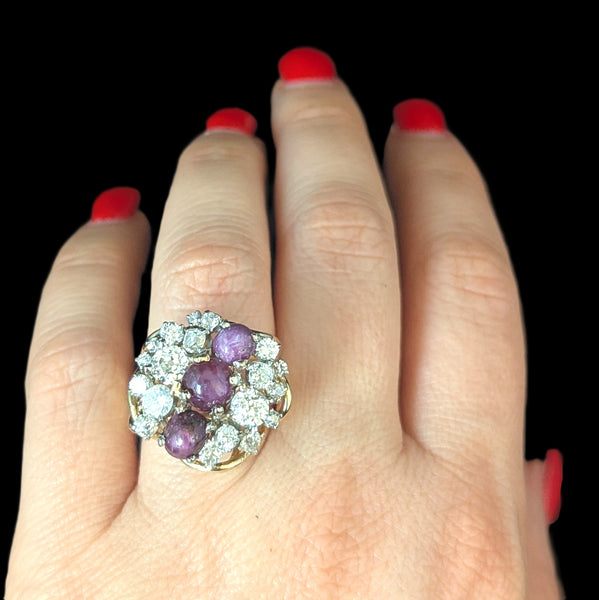 Vintage Old Cut Diamonds Star Rubies 14k Yellow Gold Cocktail Ring Cluster 13.8g