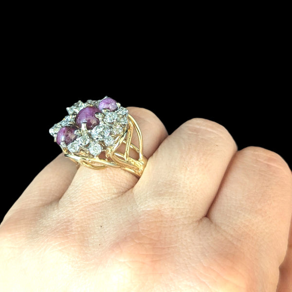 Vintage Old Cut Diamonds Star Rubies 14k Yellow Gold Cocktail Ring Cluster 13.8g