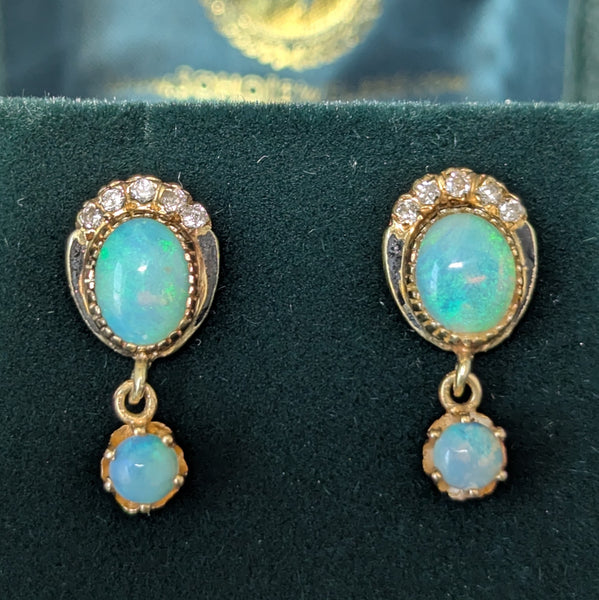 Vintage Opal Diamond Enamel 14k Yellow Gold Earrings Retro Estate Jewelry Gift