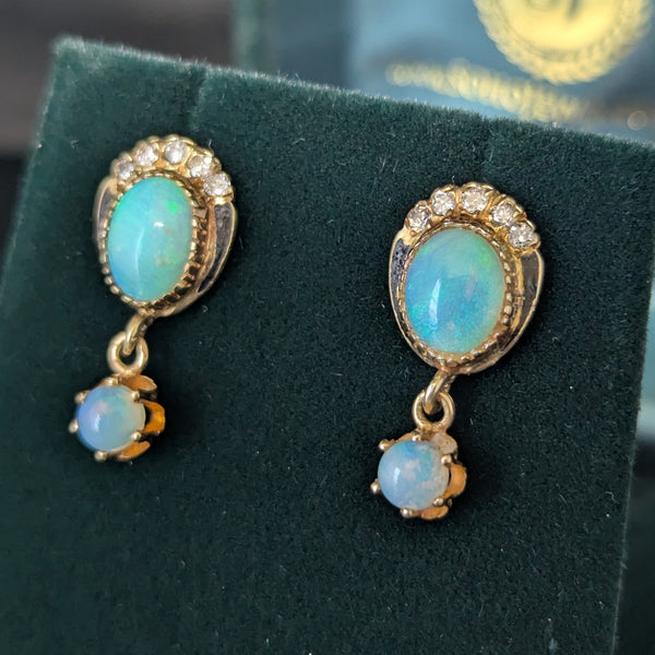 Vintage Opal Diamond Enamel 14k Yellow Gold Earrings Retro Estate Jewelry Gift
