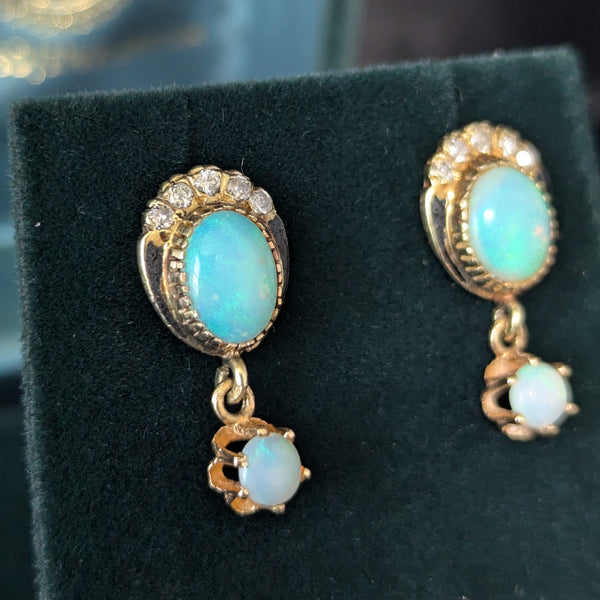 Vintage Opal Diamond Enamel 14k Yellow Gold Earrings Retro Estate Jewelry Gift