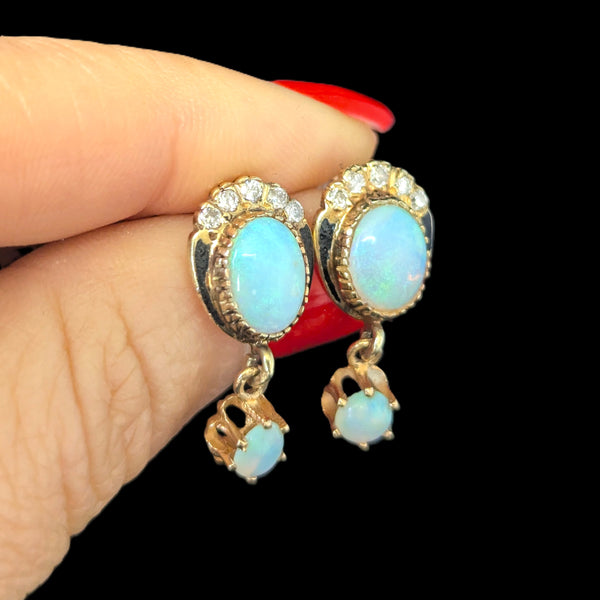 Vintage Opal Diamond Enamel 14k Yellow Gold Earrings Retro Estate Jewelry Gift