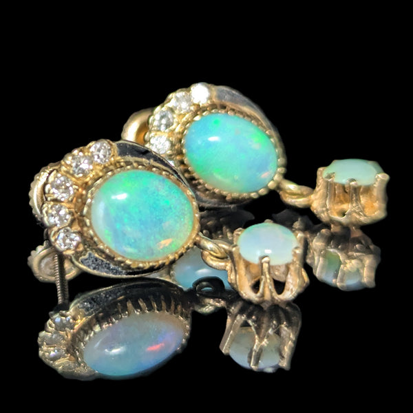 Vintage Opal Diamond Enamel 14k Yellow Gold Earrings Retro Estate Jewelry Gift
