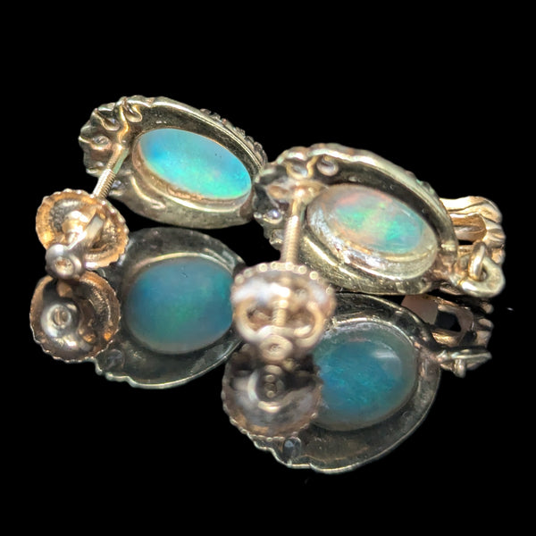 Vintage Opal Diamond Enamel 14k Yellow Gold Earrings Retro Estate Jewelry Gift