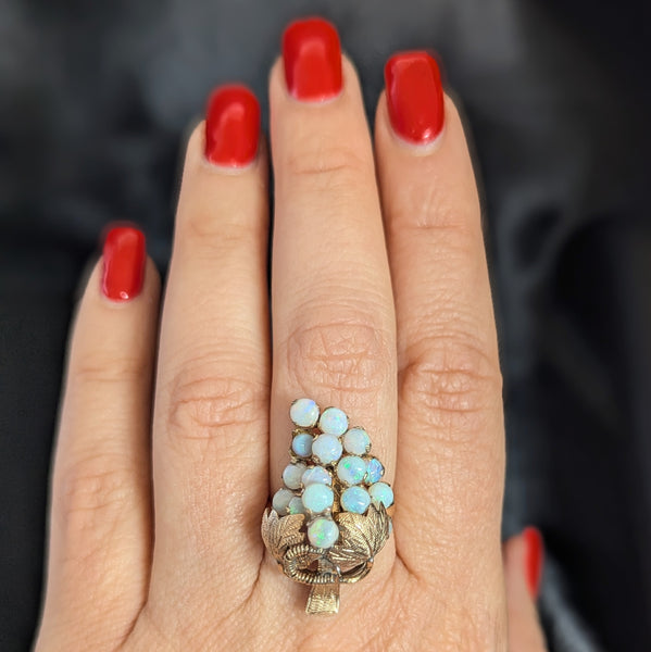 Vintage Opal Grape Bunch 14k Yellow Gold Cocktail Ring Antique Elements Estate 