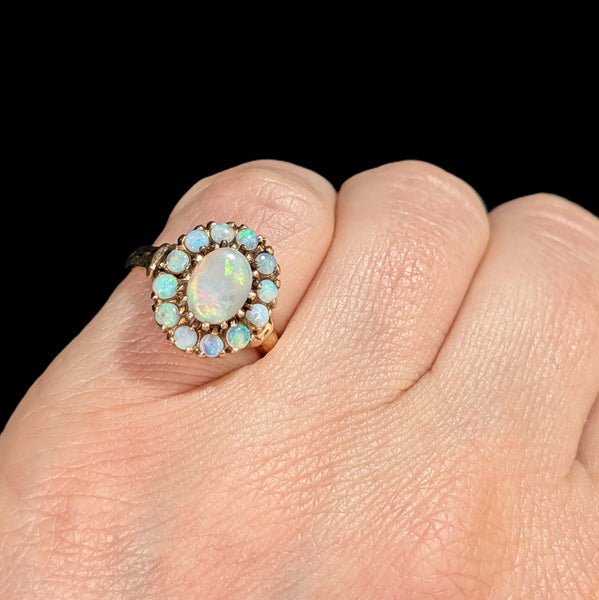 Vintage Opal Halo 10k Yellow Gold Statement Ring Retro Mid Century Estate Gift