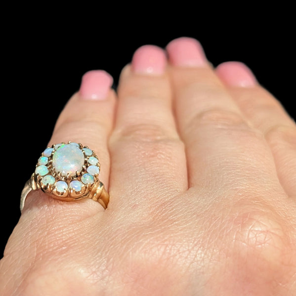 Vintage Opal Halo 10k Yellow Gold Statement Ring Retro Mid Century Estate Gift