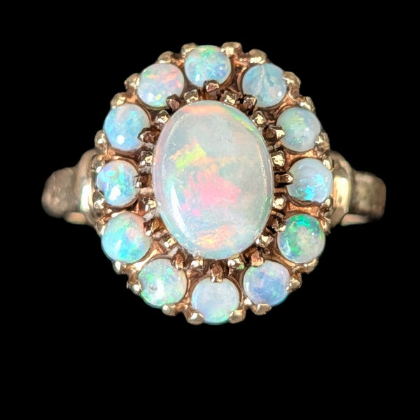 Vintage Opal Halo 10k Yellow Gold Statement Ring Retro Mid Century Estate Gift