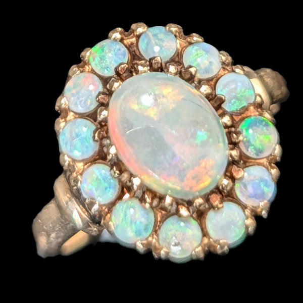 Vintage Opal Halo 10k Yellow Gold Statement Ring Retro Mid Century Estate Gift