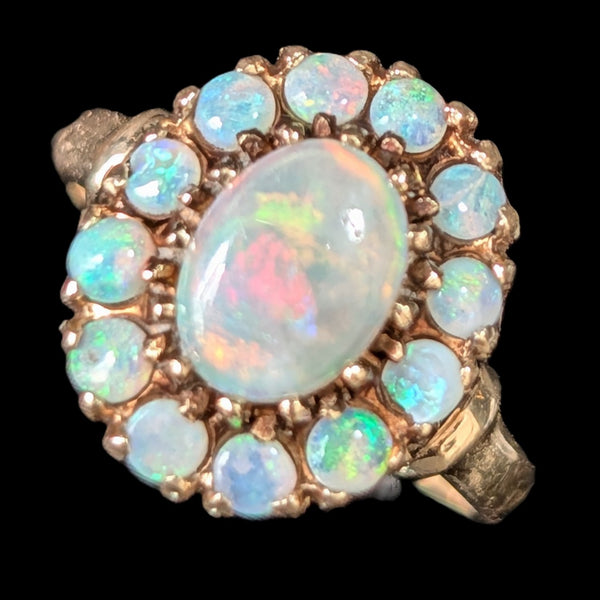 Vintage Opal Halo 10k Yellow Gold Statement Ring Retro Mid Century Estate Gift