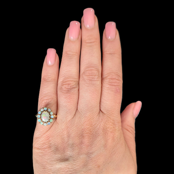 Vintage Opal Halo 10k Yellow Gold Statement Ring Retro Mid Century Estate Gift