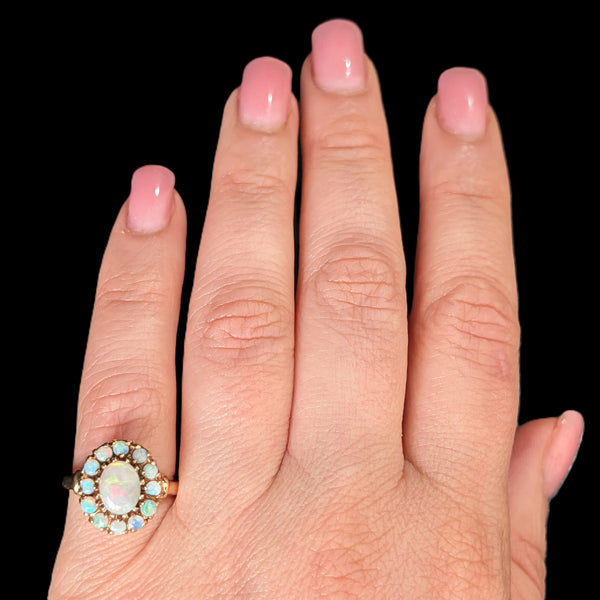 Vintage Opal Halo 10k Yellow Gold Statement Ring Retro Mid Century Estate Gift