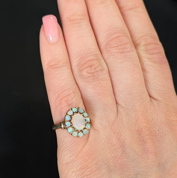 Vintage Opal Halo 10k Yellow Gold Statement Ring Retro Mid Century Estate Gift