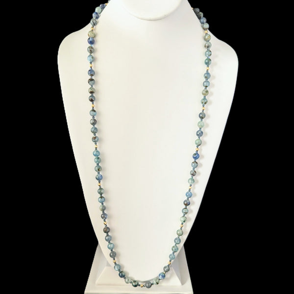 Vintage Opera Length Yellow Gold Hardstone Gemstone Beaded Necklace 33 Inches Retro