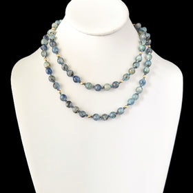 Vintage Opera Length Yellow Gold Hardstone Gemstone Beaded Necklace 33 Inches Retro