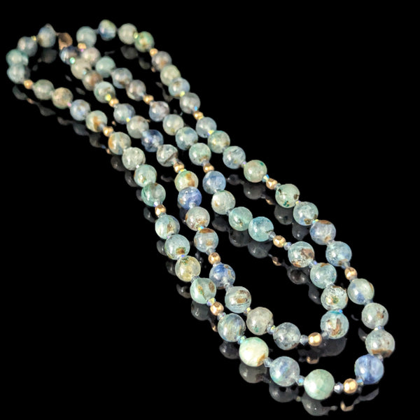 Vintage Opera Length Yellow Gold Hardstone Gemstone Beaded Necklace 33 Inches Retro