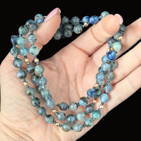 Vintage Opera Length Yellow Gold Hardstone Gemstone Beaded Necklace 33 Inches Retro