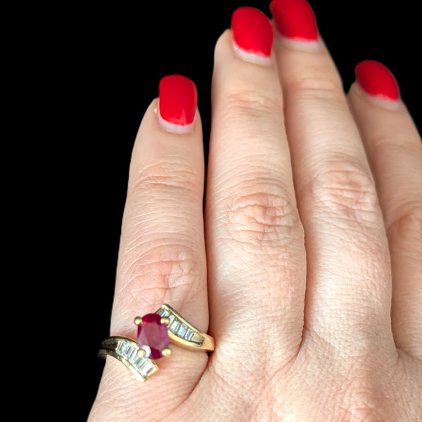 Vintage Oval Cut Ruby Diamonds 14k Yellow Gold Ring Baguette Estate Bypass Gift