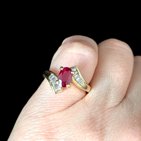 Vintage Oval Cut Ruby Diamonds 14k Yellow Gold Ring Baguette Estate Bypass Gift