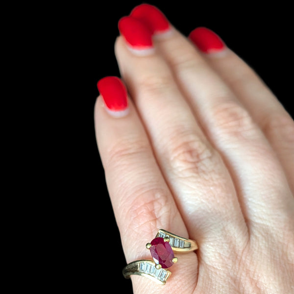 Vintage Oval Cut Ruby Diamonds 14k Yellow Gold Ring Baguette Estate Bypass Gift