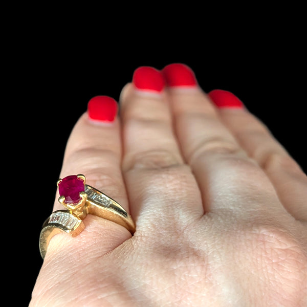 Vintage Oval Cut Ruby Diamonds 14k Yellow Gold Ring Baguette Estate Bypass Gift