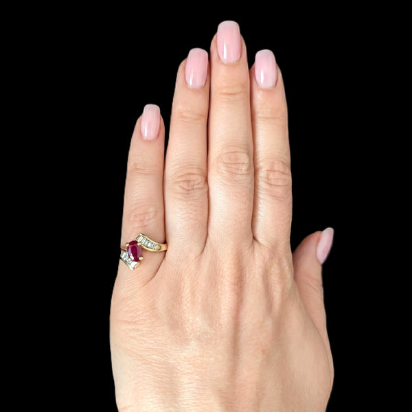 Vintage Oval Cut Ruby Diamonds 14k Yellow Gold Ring Baguette Estate Bypass Gift