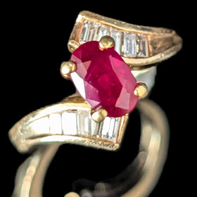 Vintage Oval Cut Ruby Diamonds 14k Yellow Gold Ring Baguette Estate Bypass Gift