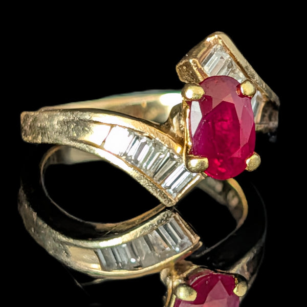 Vintage Oval Cut Ruby Diamonds 14k Yellow Gold Ring Baguette Estate Bypass Gift