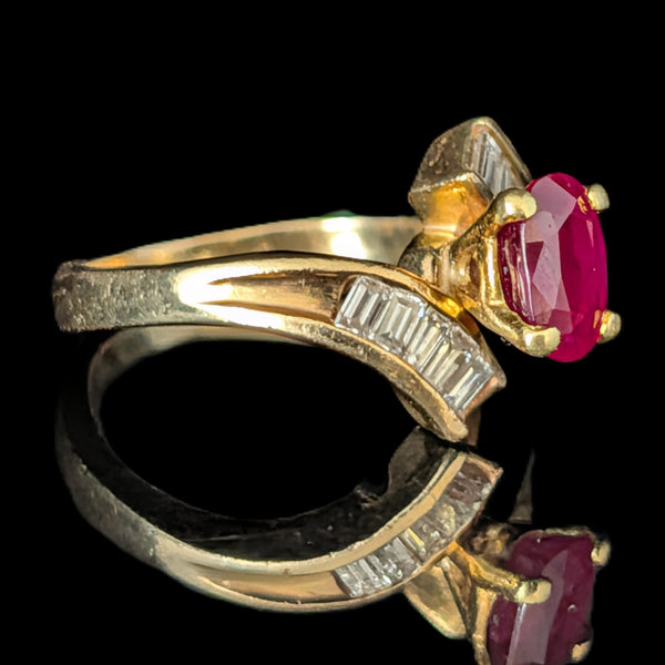Vintage Oval Cut Ruby Diamonds 14k Yellow Gold Ring Baguette Estate Bypass Gift