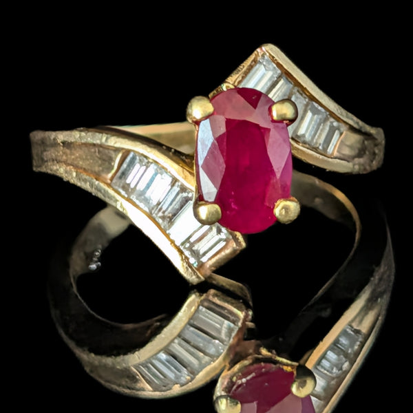 Vintage Oval Cut Ruby Diamonds 14k Yellow Gold Ring Baguette Estate Bypass Gift