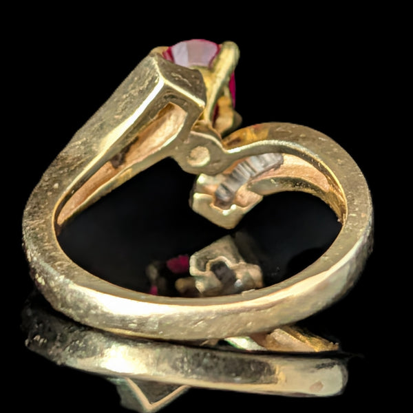 Vintage Oval Cut Ruby Diamonds 14k Yellow Gold Ring Baguette Estate Bypass Gift