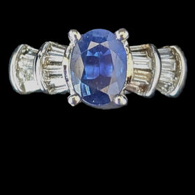 Vintage Oval Cut Sapphire Diamonds 14k White Gold Ring Estate Band Baguette Cut 