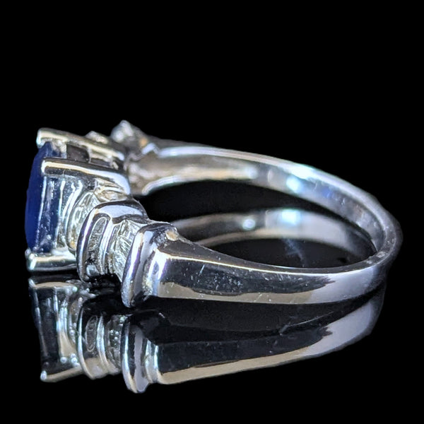 Vintage Oval Cut Sapphire Diamonds 14k White Gold Ring Estate Band Baguette Cut 