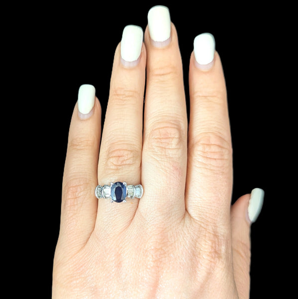 Vintage Oval Cut Sapphire Diamonds 14k White Gold Ring Estate Band Baguette Cut 