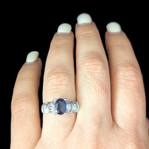 Vintage Oval Cut Sapphire Diamonds 14k White Gold Ring Estate Band Baguette Cut 