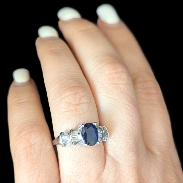 Vintage Oval Cut Sapphire Diamonds 14k White Gold Ring Estate Band Baguette Cut 