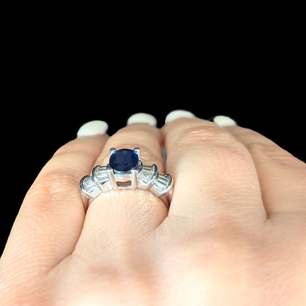 Vintage Oval Cut Sapphire Diamonds 14k White Gold Ring Estate Band Baguette Cut 