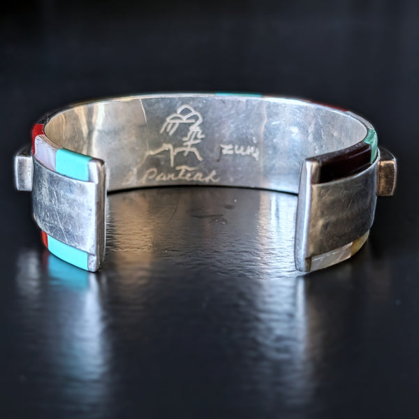 Vintage PANTEAH Native American Zuni Sterling Silver Raised Inlay Cuff Bracelet