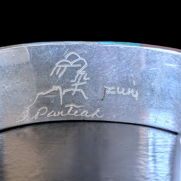 Vintage PANTEAH Native American Zuni Sterling Silver Raised Inlay Cuff Bracelet