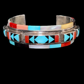 Vintage PANTEAH Native American Zuni Sterling Silver Raised Inlay Cuff Bracelet