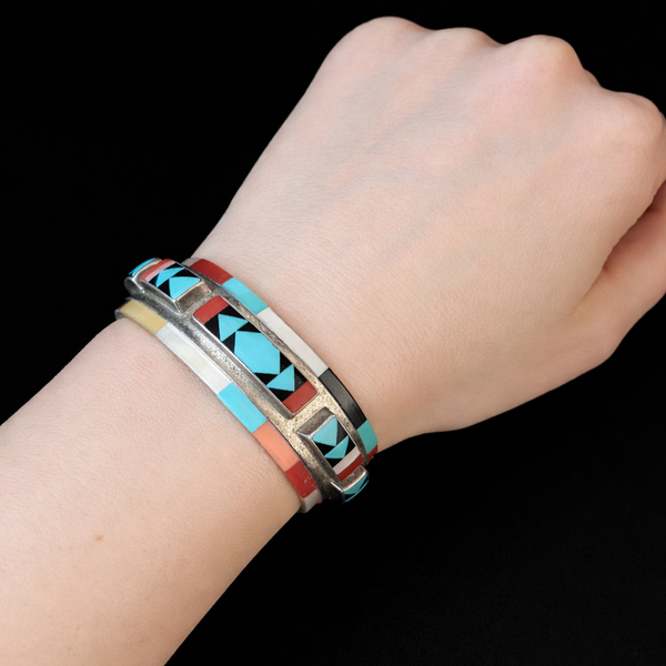 Vintage PANTEAH Native American Zuni Sterling Silver Raised Inlay Cuff Bracelet