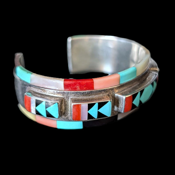 Vintage PANTEAH Native American Zuni Sterling Silver Raised Inlay Cuff Bracelet