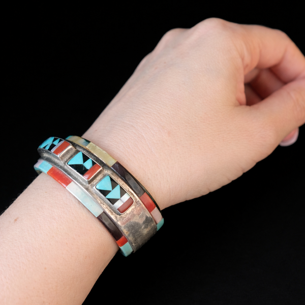 Vintage PANTEAH Native American Zuni Sterling Silver Raised Inlay Cuff Bracelet