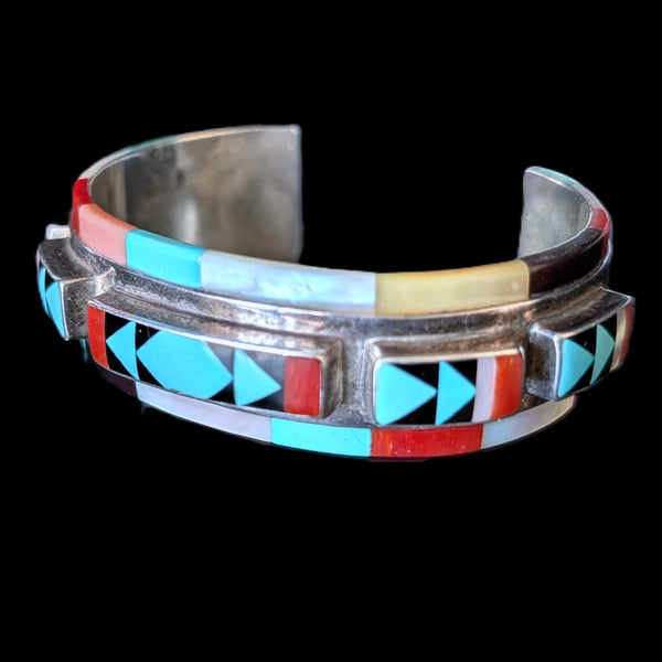 Vintage PANTEAH Native American Zuni Sterling Silver Raised Inlay Cuff Bracelet