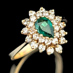 Vintage Pear Cut Emerald Diamond 14k Yellow Gold Halo Ring Engagement Statement