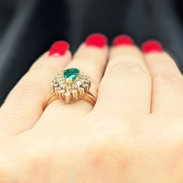 Vintage Pear Cut Emerald Diamonds 14k Yellow Gold Halo Cluster Ring Estate Gift