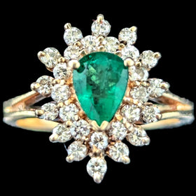 Vintage Pear Cut Emerald Diamonds 14k Yellow Gold Halo Cluster Ring Estate Gift
