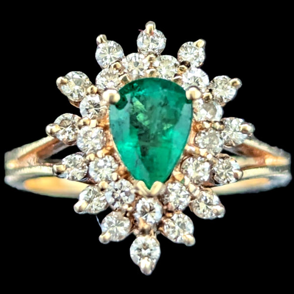 Vintage Pear Cut Emerald Diamonds 14k Yellow Gold Halo Cluster Ring Estate Gift
